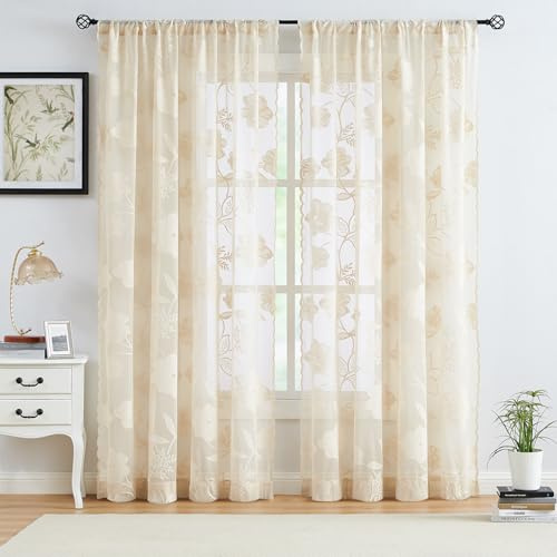 Treatmentex Beige Lace Curtains 63inch Rose Floral and Leaf Sheer Window Curtains for Living-Room Bedroom Vintage Leaf Knitted Lace Sheer Curtain Panels Ivory, 54 w 2pcs Rod Pocket