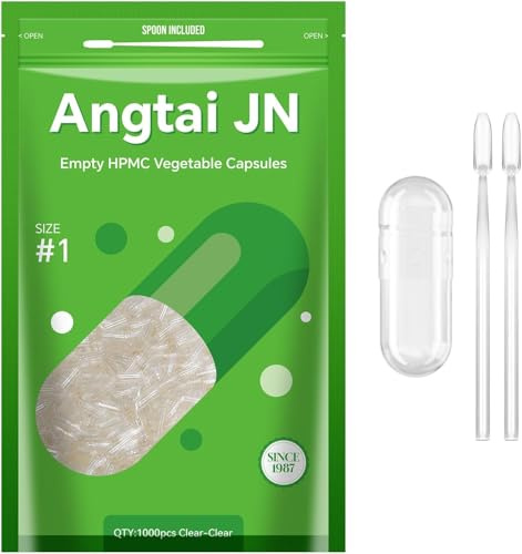 Angtai JN Capsule Vuote Vegetali Taglia 1-Chiavi Capsules per Riempimento con 2 Micro Cucchiai, Fai-Da-Te Compatibili con Dimensioni di Riempimento Capsule 1, 1000 Unità