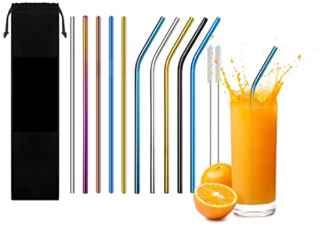 12 Pajitas Reutilizables Set，Pajitas de Acero Inoxidable，Pajitas Largas de Colores Metal Con 2 Cepillos de Limpieza y 1 Bolsa de Tela PortáTil de Nylon Para Juice, Mojito,Yogur