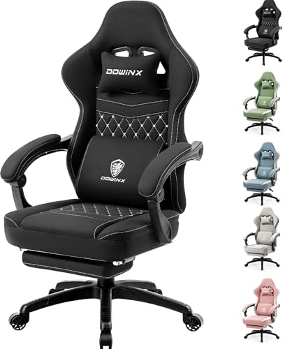 Dowinx Gaming Chair Fabric with Pocket Spring Cushion, Computer Gaming Chair with Footrest, Ergonomic PC Chair, Gamer Chair, Office Chair, 150 kg Load Capacity, Black