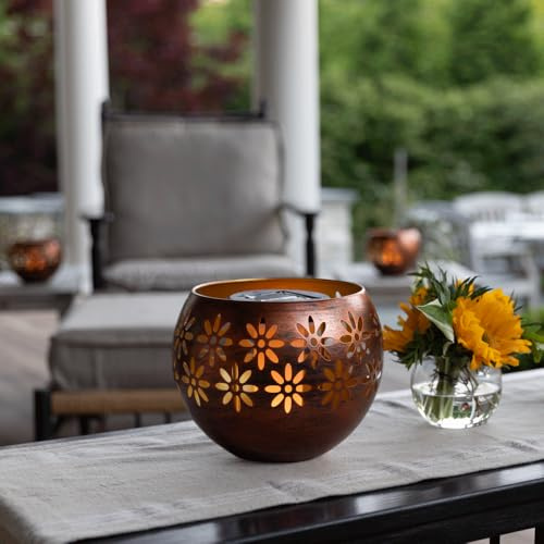 Solar Fire Bowl (1-Pack) Outdoor Waterproof Solar Lanterns - Metal Porch Lights with Flickering Flame for Tabletop, Patio, Garden & Landscape Decor (Bronze/Copper)
