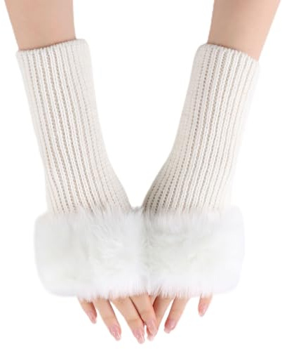 Lcaiualu Winter Women Fingerless Gloves Knitted Arm Warmers Hand Mittens ThumbHole Faux Fur Wrist Short Cuff for Women (White)