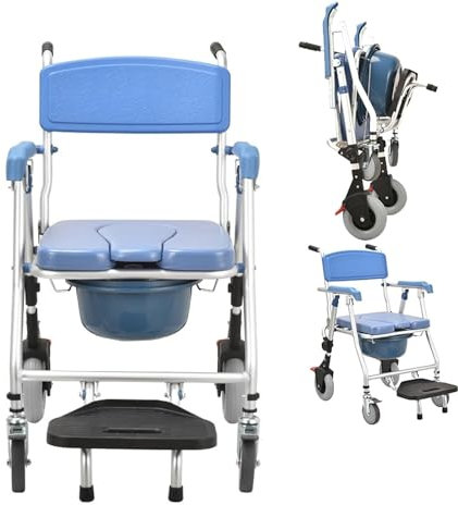 3-In-1 Folding Shower Chair with Wheels, Waterproof Toilet Chair Commode Chair with Soft Seat Padding and Brakes, Shower Toilet Wheelchair