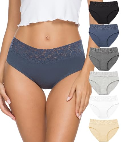 Culotte Femme Coton Slip Femme Dentelle Taille mi-Haute Confortable Respirante Elasticité Slips Lot de 6（EU-FR3020XXL-BlackWhiteBlue）