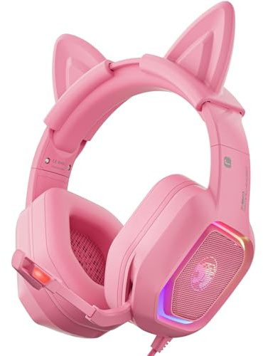 ZIUMIER Gaming Headset with Detachable Cat Ears, Compatible with PS4 PS5 Xbox One PC Laptop, Over-Ear Headphones with LED Light, Noise Canceling Mic, Stereo Surround Sound (Pink Cat)