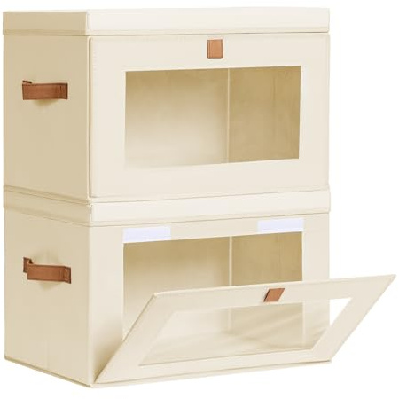 Homsorout Large Closet Storage Organizer - Clothes Storage Bins with Handles & Window, Collapsible Decorative Boxes with Lids, Fabric Containers for Living Room, Dorm, 2 Pack, Beige