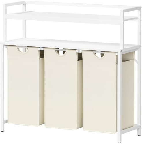 Lifewit Cesto Ropa Sucia 3 Compartimentos, 120L con 2 Estante, Bolsa de Extracción, Mueble Ropa Sucia, Clasificador de ropa sucia para cuarto de lavado Lavanderia/Dormitorio/Baño, Blanco