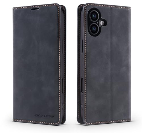 QLTYPRI Fodral till iPhone 16 6,1 tum, premium PU-läderfodral TPU stötfångare med korthållare stöd, dold magnetisk adsorption flip plånboksfodral för iPhone 16 – svart