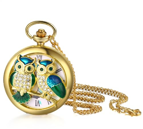 Lancardo Gold Tone Pocket Watch: Vintage Owl Quartz Men Women Pocket Watch with Chain Halloween Christmas Valentines Day