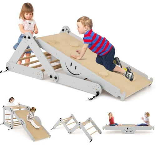 COSTWAY Estructura de Escalada Interior, triángulo de Escalada con tobogán, Escalera de Escalada, Patio de Juegos Interior Convertible, Parque Infantil Multifuncional para niños a Partir de 3 años