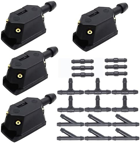 4 Stücke 4 Loch Universal Auto Frontscheibenwischer Waschdüsen, Universal Scheibenwaschdüsen, mit 18 Stücke Schlauchverbinder, Auto Windschutzscheibe Scheibenwischer Waschdüsen für 8mm 9mm Wischerarm
