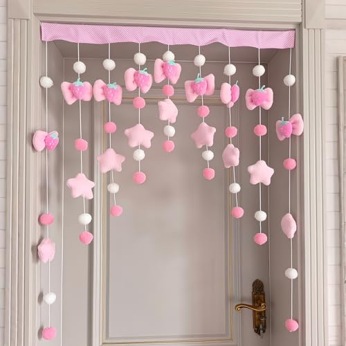 Kynthyre Cute Plush Curtain for Door Window Wall 33 W x 35 L Self-Adhesive Pink Strawberry Kawaii Curtain for Living Room and Bedroom Decor
