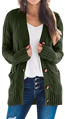 Kashmirtröja för kvinnor, öppen framsida, button-down-cardigan med fickor, långärmad mysiga stickade toppar kashmirtröjor för kvinnor, gRÖN, S