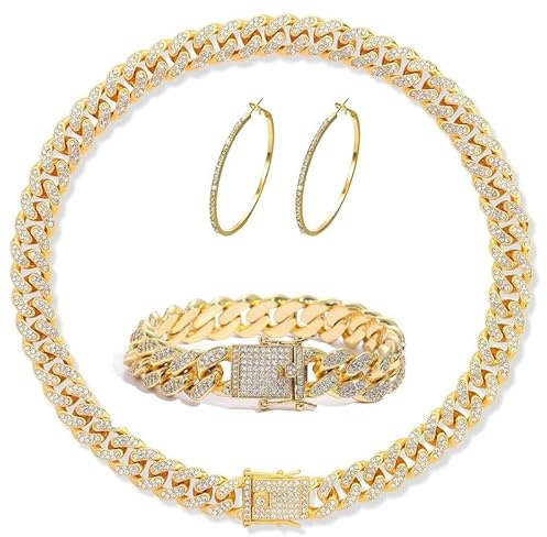 Xiaoliny Juegos de joyas mujer Collar de Cadena Cubana Pulsera Aros Grandes con Circonitas Brillantes Casual Estilo Hip Hop Conjunto de Bisuteria Dorada/Plateada Regalos Set de Joyería para Mujeres