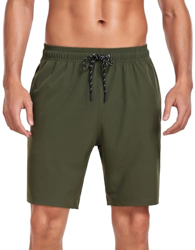 Flytop Mens Swim Trunks, Quick Dry Mesh Liner Board Shorts, Zipper Pockets, Above-Knee Bathing Suit Solid Color Army Green XL