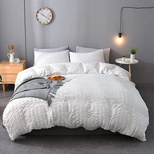 Seersucker Duvet Cover with Pillow Cases White Bedding Bed Set 100% Cotton Waffle Quilt Covers Double King Super King Size (White, Double)
