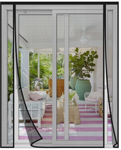 Risareyi Magnet Fliegengitter Tür 150x200cm, Schwarz Fiberglas Netz Insektenschutz Balkontür Magnetvorhang Doppelter Seitliche Öffnung für Doppeltür Schiebetür Terrassentür Moskitonetz, Ohne Bohren
