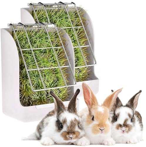 Paquete de 2 comederos de heno para conejos, comedero de heno de plástico con rejilla de metal, comedero de heno para conejos, cobayas y otros animales pequeños, se fija a cualquier jaula cómodamente