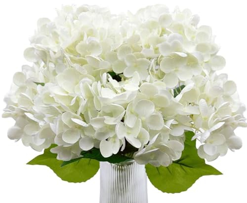 YELIKIT Künstliche Hortensie Blumen Weiß Seide Kunstblumen Pflanzen Realistischer Touch Braut Hochzeitssträuße für Blumenschmuck Hausgarten Party Büro Dekoratio, 5 Stück
