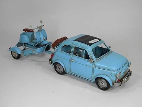 DynaSun Auto Car 2204E-8855 con rimorchio e moto, 34 cm, in metallo, stile vintage, collezione vintage vintage