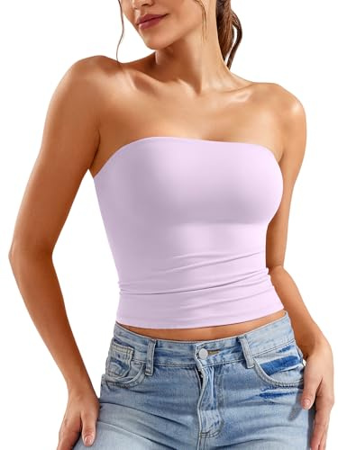 ZAAYO Axelfri tubtopp dam bandeau topp Y2K smal passform crop top sexig sommartoppar dubbelfodrad linne topp, Ljusviolett, M