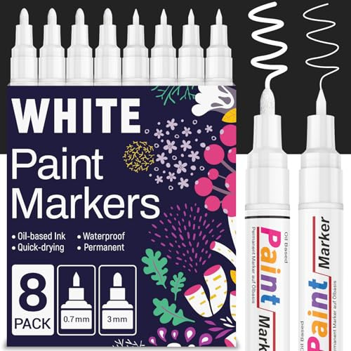 KERIFI 8 White Paint Pens, Permanent Marker Pen Waterproof(Medium Tip & Fine Tip), White Paint Marker Pen for Black Paper, Rock Painting, Wood, Glass, Metal, Canvas, Tire, Plastic