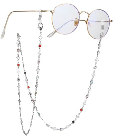 EUEAVAN Catena di occhiali alla moda per le donne che leggono gli occhiali da sole Catene di perline Multicolore Portaocchiali intorno al collo (Piccoli diamanti quadrati, argento)