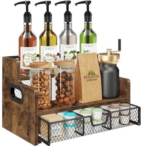Homode Coffee Syrup Rack Organizer, 3-Tier 8 Bottles Syrup Holder Stand with 35 K Cup Storage Basket Drawer for Coffee Bar, Wood Liquor Shelf Wine Rack Countertop for Home, Rustic Brown