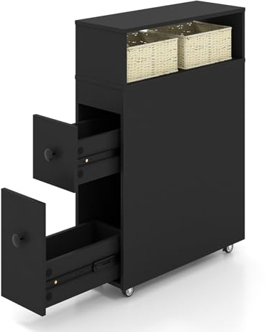 GOPLUS Armario de Nicho con Ruedas, 2 Cajones y 2 Cestas de Mimbre, Armario Estrecho para Baño, Carro de Baño, Mueble de Almacenamiento para Baño Cocina, 50 x 19 x 72 cm (Negro)