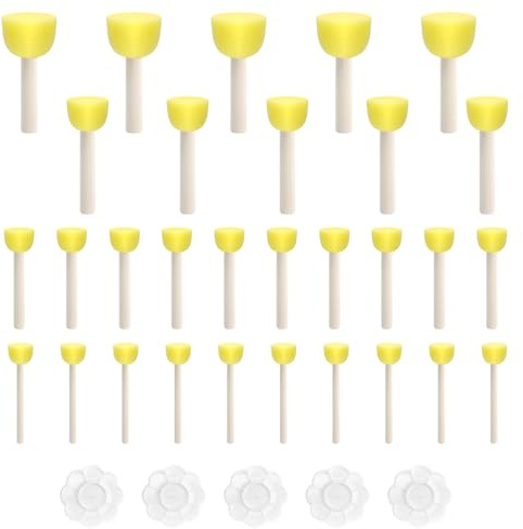 APOMOONS 30 Piezas Pinceles de Esponja con 5 Paleta Pintura de 8,5 cm, Pintura Esponja Sellos, la Pintura Redonda Esponja Pincel de Esponja para Bricolaje Pintura artesanía cerámica, 4 tamaños