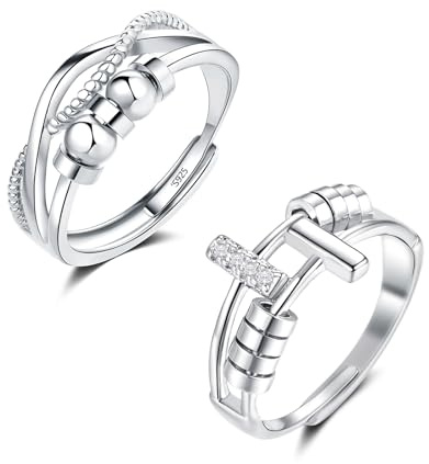 Bewenda ångestringar för kvinnor, 2 st 925 sterling silver anti-stress ring set, silver fidget parringar, stress spinner ring med pärlor zirkonia, justerbar tumstress för ångestlindring, 50 - 65 mm