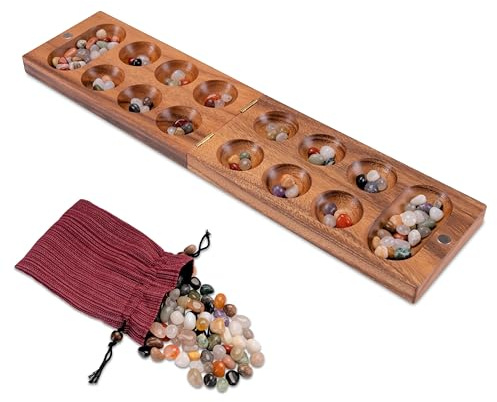 LOGOPLAY Kalaha spel med magnetlås för 2 spelare – spelplan 14 x 49 cm – Hus – Bao – med ädelstenar