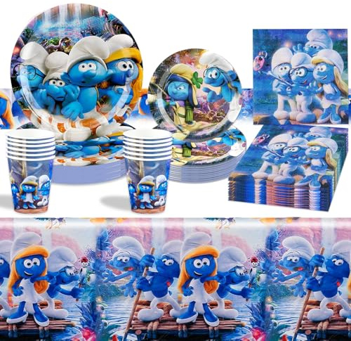 51 Pezzi Smurfs Stoviglie per Feste di compleanno, Decorazioni Compleanno per Feste Include Tovaglia, Piatti, Tazze, Tovaglioli, per Decorazioni Festa a Tema per Bambini