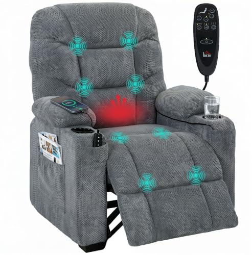 HOMCOM Electric Massage Recliner Armchair with Vibration, Heat, Dark Grey | Whisper-Quiet Motor, Memory Function, Fleece Power Reclining Chair, Spring Pack, USB Port, Footrest, Side Pocket, Cup Holders