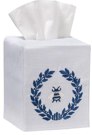 Jacaranda Living Square Tissue Box Cover, Linen/Cotton Fabric Tissue Holder, Decorative Cloth Tissue Cube Cover, Embroidered Bee Designs, Napoleon Bee Wreath (Navy)