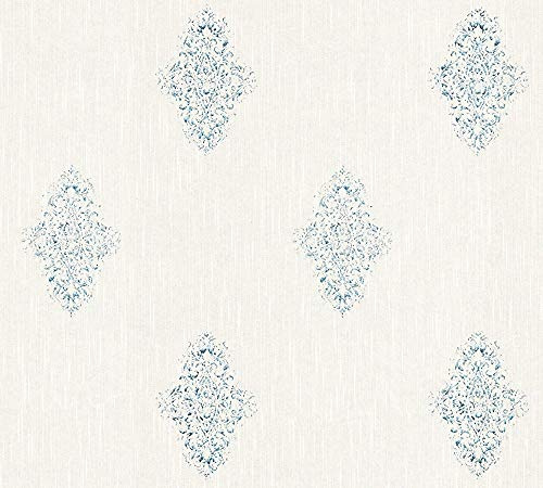 Architects Paper Textile Wallpaper Luxury Wallpaper with Ornaments Baroque 10.05 m x 0.53 m White Blue Metallic Made in Germany 319461 31946-1