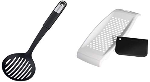 FACKELMANN Spätzle-Set, Spätzlereibe mit Teigschaber, Spätzlehobel aus Kunststoff, Spätzlepresse mit Teigkarte, mit Abseihlöffel zum einfachen Servieren (Farbe: Weiß/Schwarz), Menge: 1 x 3er Set