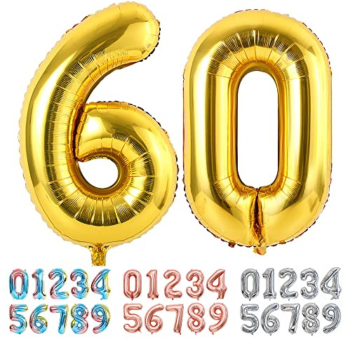 Ponmoo Foil Globo Número 60 Dorado, Gigante Numeros 0 1 2 3 4 5 6 7 8 9 10-19 20-29 30 40 50 60 70 80 90 100, Grande Globos Decoración para La Boda Aniversario y Cumpleaños Fiestas
