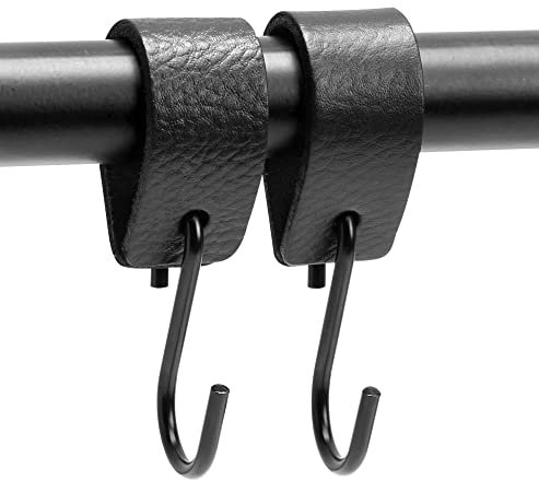 Brute Strength - Ganchos en forma de S multifuncionales de cuero - Negro - 2 piezas - Gancho para abrigos - para cocina, baño, dormitorio y oficina