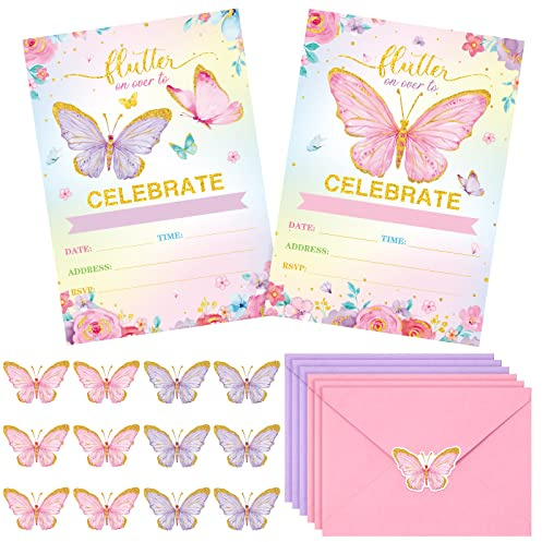 Sepamoon 24 Sets Butterfly Birthday Invitations Girl with Envelopes and Stickers, Baby Shower Invitations for Girl, Butterfly Birthday Party Invitation Cards for Children Party Supplies Favors(Pink)