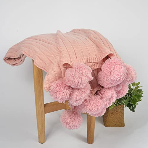 Reine Baumwolle Grobstrick Decke mit Pom Dekodecke 150x200cm Bettdecke Quaste Bälle Überwurf Decke Kuscheldecke Couchdecke