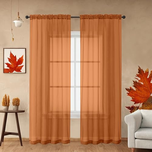 OWENIE Orange genomskinliga gardiner, 244 cm längd, eleganta, genomskinliga gardiner för sovrum, fönster, voile, genomskinliga gardiner, 2 stycken, 106,7 cm B x 243,8 cm L