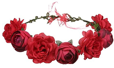 Corona de Flores Diadema Bohemia, Novia, Diadema para Mujeres y Niñas (Rojo)