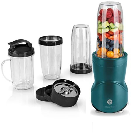 KOCHWERK Smoothie Maker 12-tlg | To-Go Deckel & 4 Mixbehälter | Für Obst, Gemüse & Nüsse | Mit Ice-Crush Funktion | Mini-Standmixer zum Mixen, Rühren, Zerkleinern, Mahlen, Hacken & Pürieren | BPA-Frei