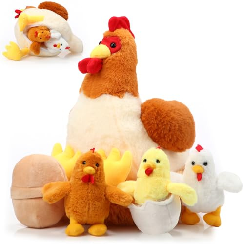 Skylety 25 cm Plüsch Ei Huhn mit Bauch mit Reißverschluss Hühnernest und Klein Baby Küken Stofftier mit Ei Gefüllt Huhn Plüschtier für Ostern Füllung Party Dekoration (Niedlicher Stil)