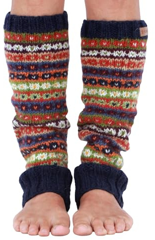 Pachamama 100 % ull benvärmare handstickad fläckig rand blå flerfärgad vanlig passform handgjord extra varm rättvis handel, Flerfärgad, en storlek
