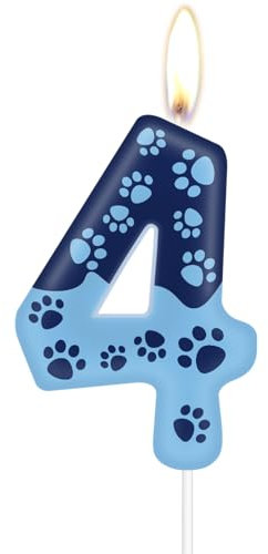 mciskin Vela de 4º cumpleaños con diseño de pata de perro azul, decoración de pastel de pata de perro, vela azul número 4 para pastel, velas para cupcakes para decoración de cumpleaños de niño y niña