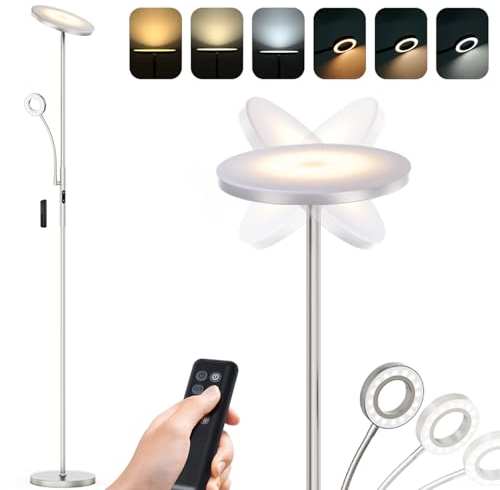 35W Wohnzimmer Stehlampe 1,8m hoch in nickel, LED Deckenfluter mit Leselampe & Fernbedienung, vier Einstellbare Farbtemperatur, Dimmbar, Einstellbare Winkel, Stehleuchte passend für jede Wohnung