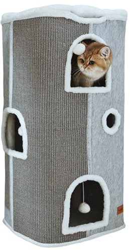Spindro 4-Level Cat House for Indoor Cats, Large Adult Cat Cave Bed Cats Cube House with Scratch Pad Cat Towers, Cute Kitten Condo Hideaway Hut with Soft Pillow Mat Silver Grey