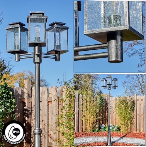 HOFSTEIN Kandelaber Tieva, Außenwegeleuchte aus Metall/Glas in Schwarz/Silber/Klar/Luftblasenoptik, Wegeleuchte im Vintage-Design für Garten, Außenbereich, Hof, Wegebeleuchtung 226 cm, 3 x E27, IP44